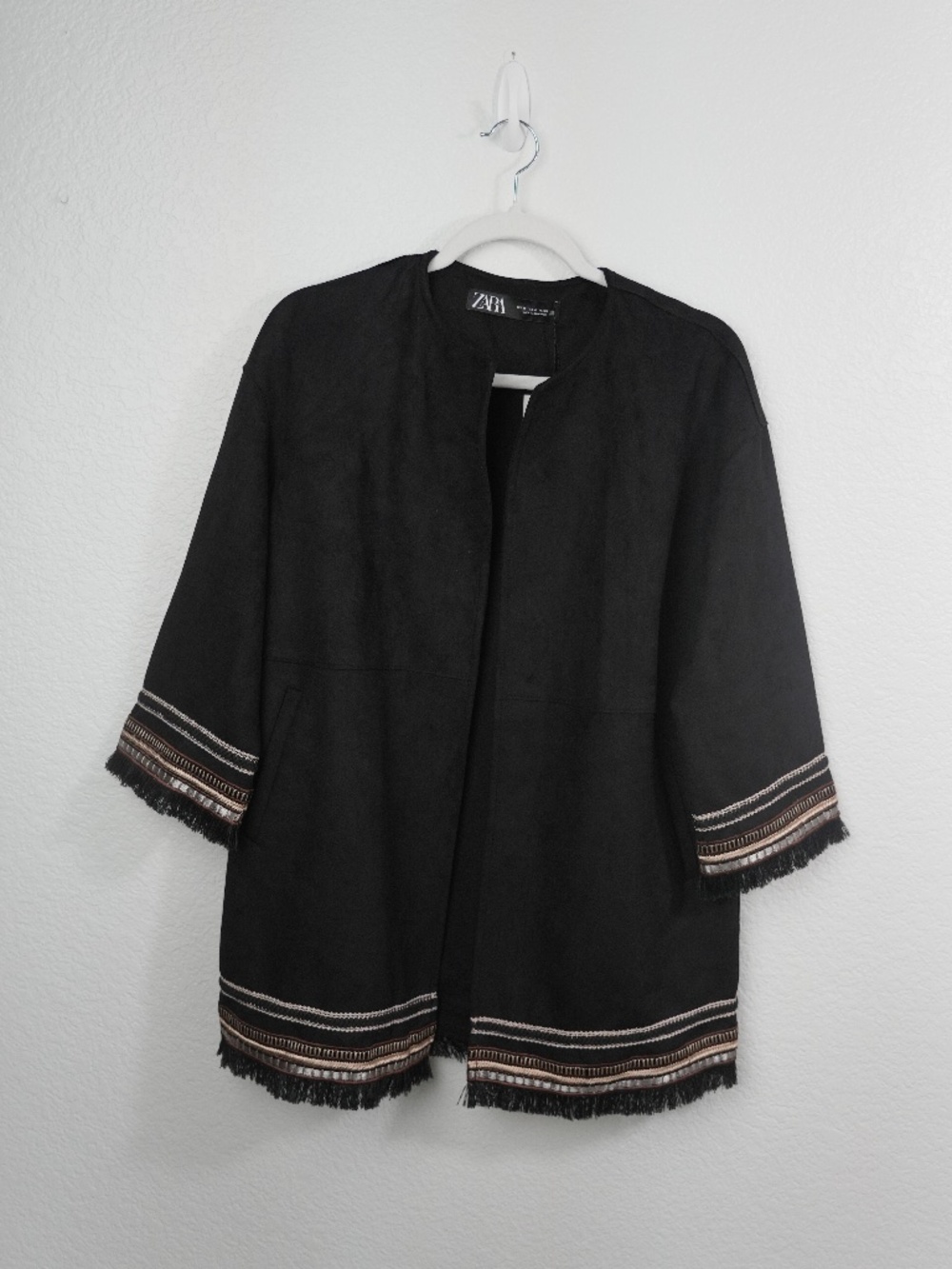 Zara Blazer Black Faux Suede Embroidered Fringe Hem Open Front Jacket Size XS
